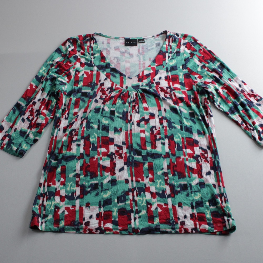 Tribal Womens L Abstract Geometric V-Neck 3/4 Sleeve Blouse Green Red Office Bus
